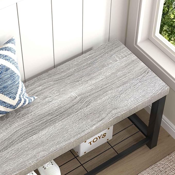 FOLUBAN Entryway Bench, Vintage Wood and Metal Storage Bench - Image 4