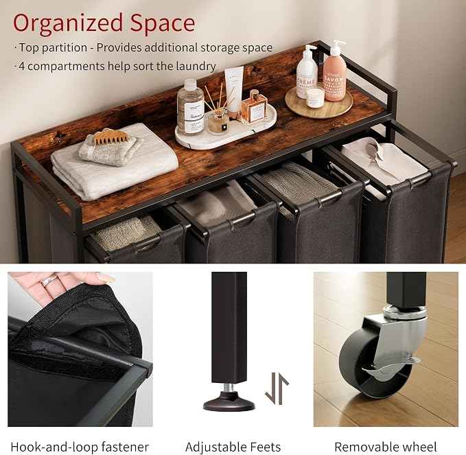 Laundry Hamper with Shelf, Laundry Basket 4 Section, Laundry Sorter with