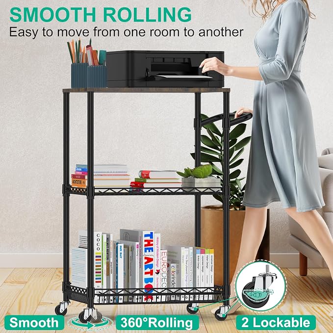 Rolling Kitchen Cart with Wheels, 3 Tier Metal Utility Cart with Wood Tabletop - Image 3