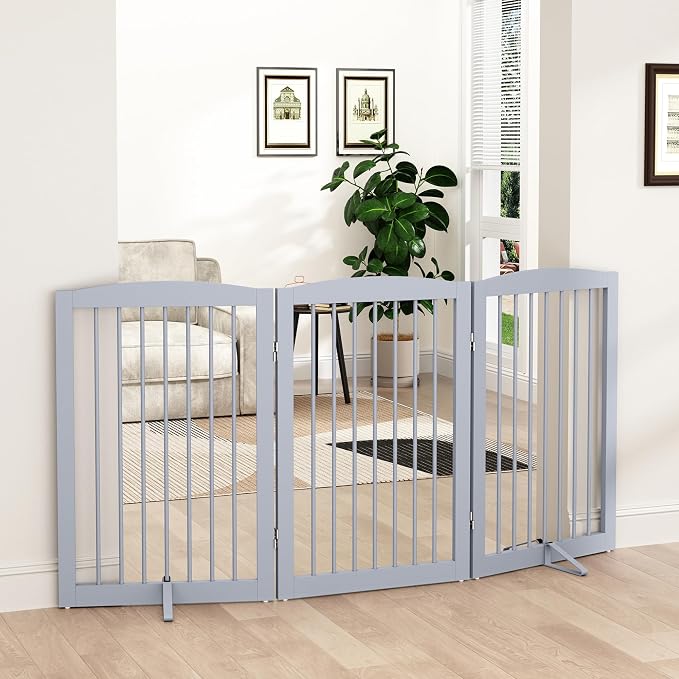 Freestanding Pet Gate for Dogs, Foldable Wooden Dog Gate for House Indoor by PUPETPO