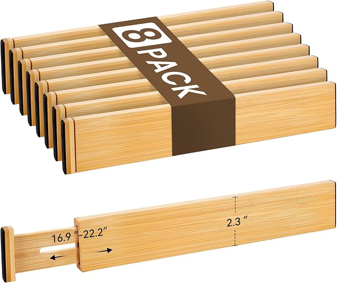Bamboo Drawer Divider Set of 8, Adjustable Spring-Loaded Drawer Organizer by NCUE