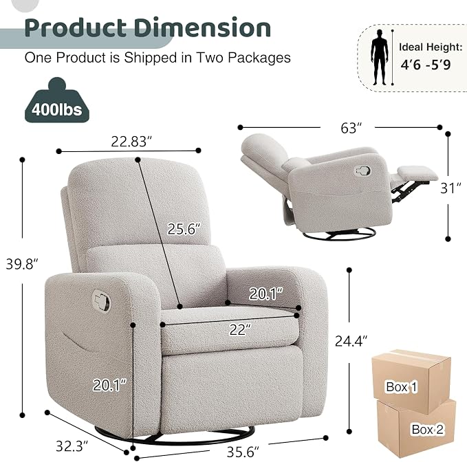 Swivel Rocker Recliner, Oversized Teddy Manual Nursery Glider Rocking Recliner - Image 2
