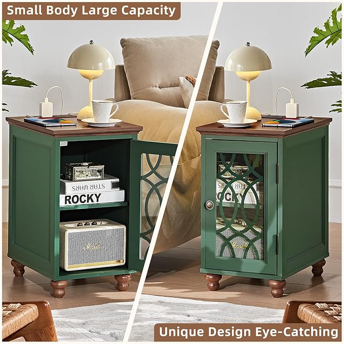 Narrow Side Table with Charging Station Set of 2, Night Stand with Glass Door - Image 6