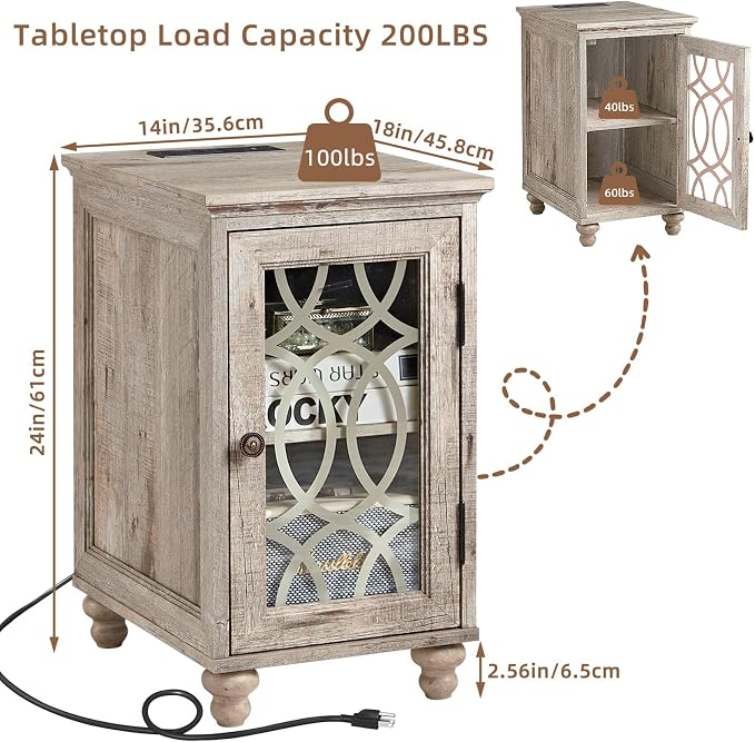 Narrow Side Table with Charging Station Set of 2, Night Stand with Glass Door - Image 3