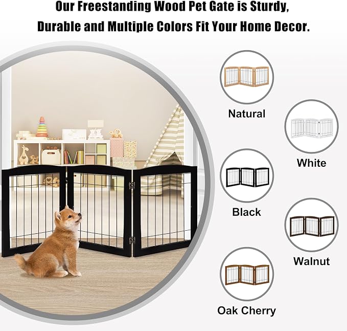 LZRS 3-Panel Freestanding Foldable Wooden Dog Gate –Solid Wood & Steel Wire - Image 4
