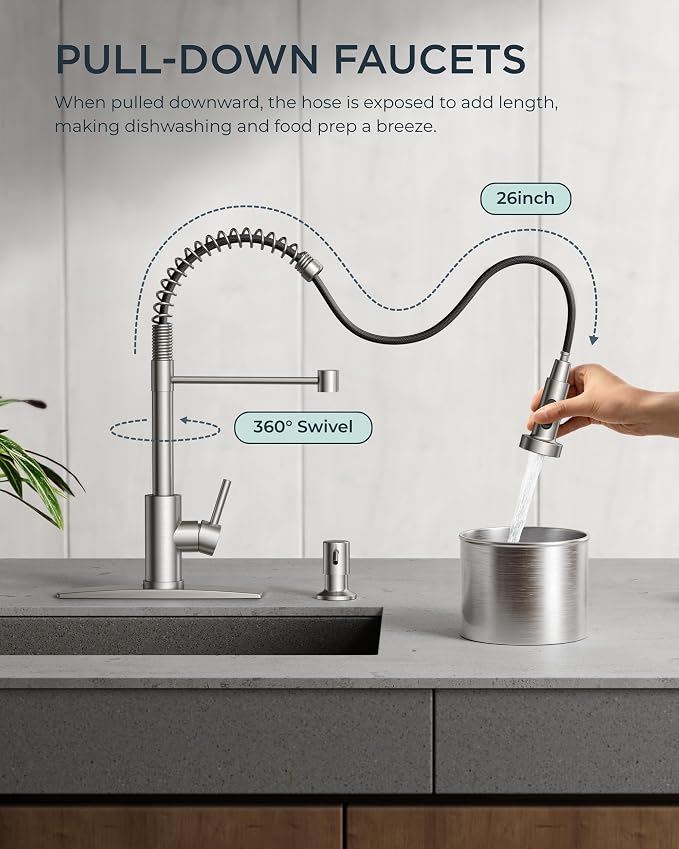 FORIOUS Kitchen Faucet with Soap Dispenser, Brushed Nickel Stainless Steel - Image 2