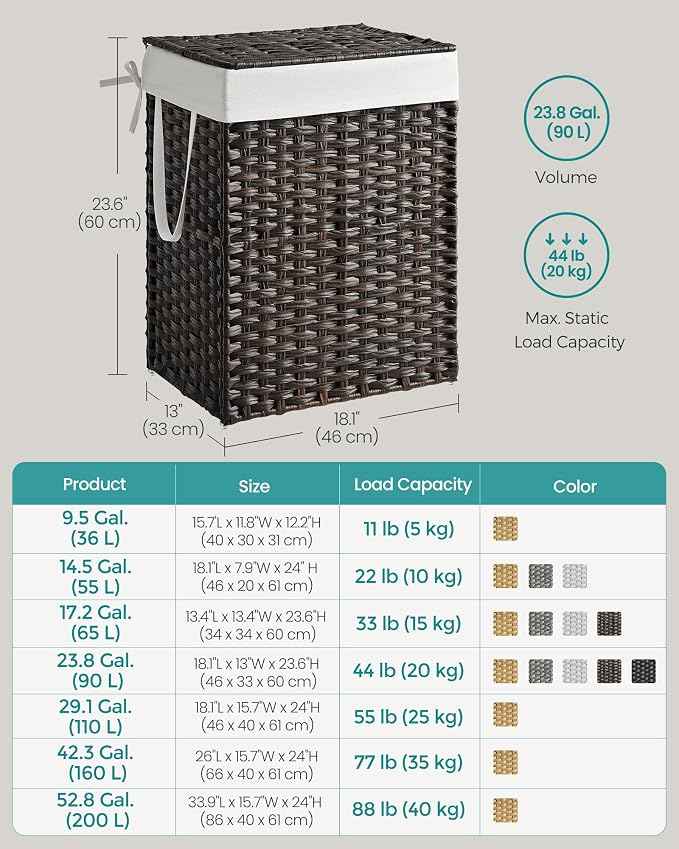SONGMICS Laundry Hamper with Lid, 23.8 Gallon Synthetic Rattan Clothes Laundry