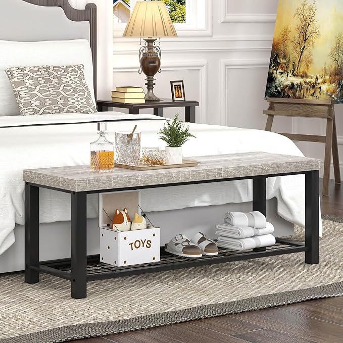 FOLUBAN Entryway Bench, Rustic Wood and Metal Shoe Storage Bench - Image 5