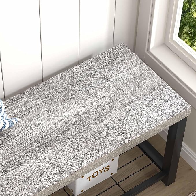 FOLUBAN Entryway Bench, Rustic Wood and Metal Shoe Storage Bench - Image 7