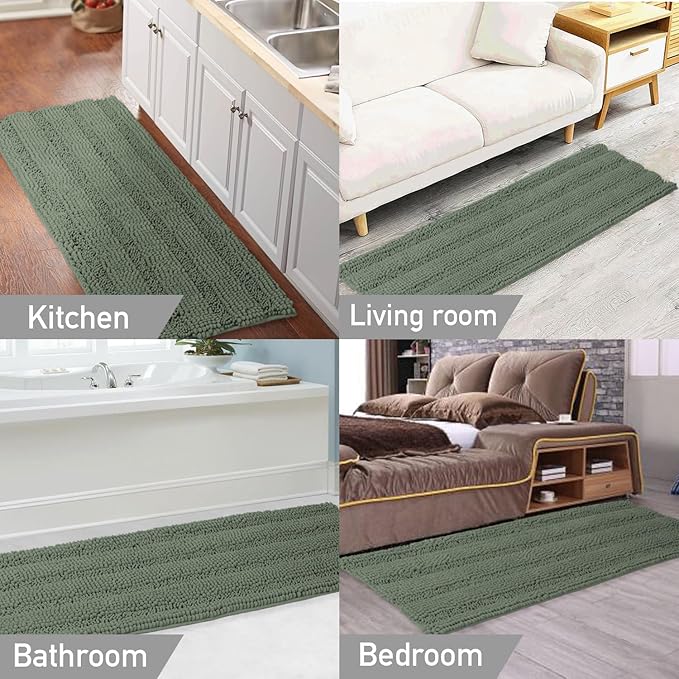 Turquoize Bathroom Runner Rug Extra Long Chenille Area Rug Non-Slip Green Bath - Image 6