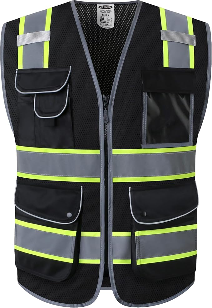 JKSafety 9 Pockets High Visibility Zipper Front MESH Black Safety Vest | Black by JKSafety
