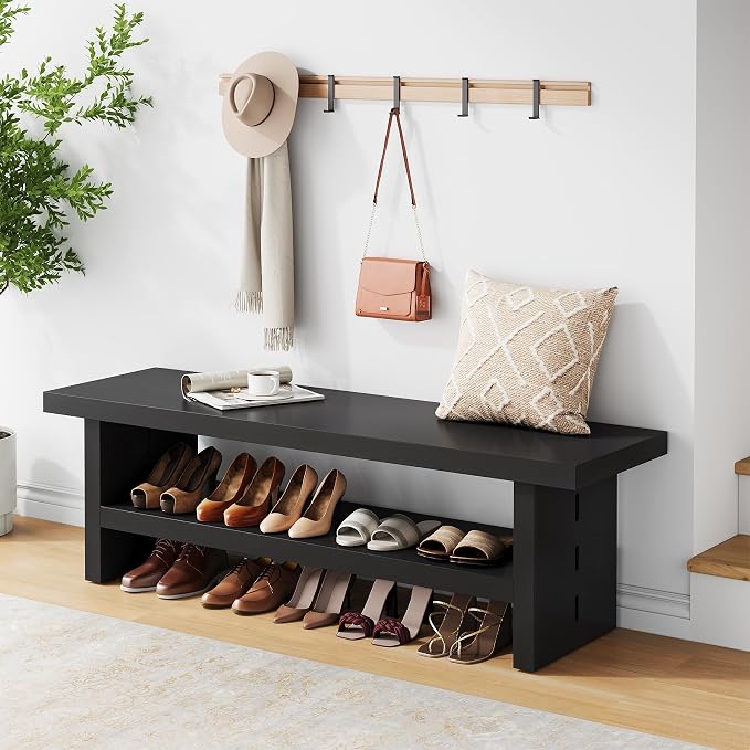 2 Tier Entryway Bench, 47.24" Shoe Bench, Rustic Shoe Rack, Wooden Storage Bench by Condemo