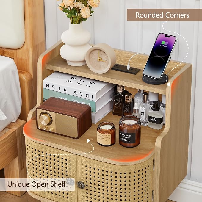 Metal Rattan End Table with Charging Station, Mid Century Modern Nightstand - Image 5