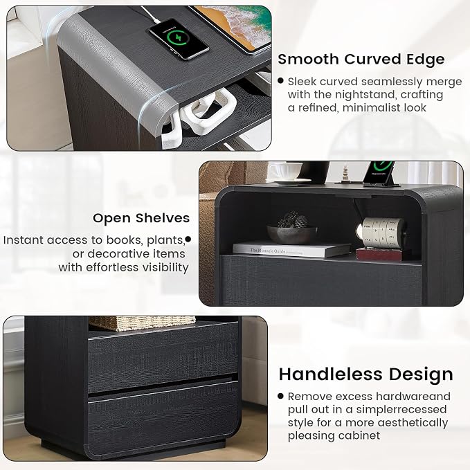 Black Nightstand Set of 2 with Charging Station, Modern Night Stand with 2 - Image 7