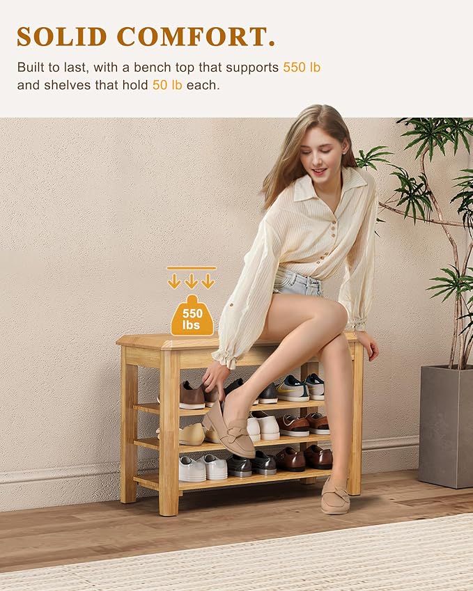 Shoe Rack Bench Seat Rubberwood 3-Tier Wooden Storage Bench 550lbs Compact - Image 4
