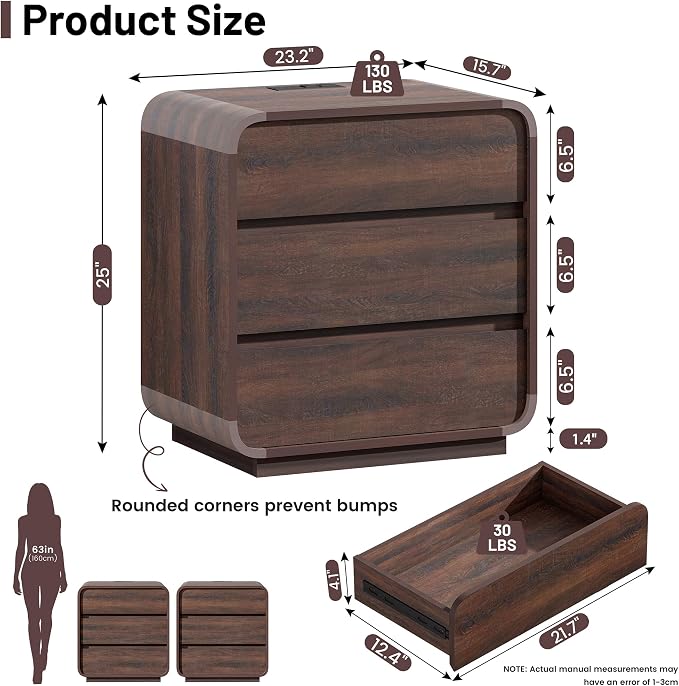 Walnut Curved Nightstand Set of 2, 23.2" Wide Wood Bedside Table - Image 2