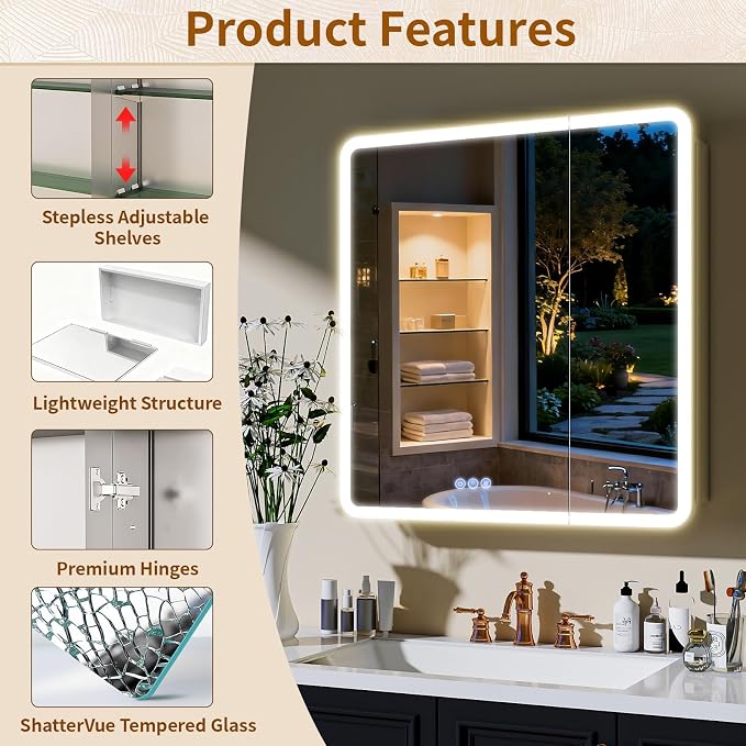 BEAUTYPEAK 30 x 32 LED Bathroom Medicine Cabinet Mirror, Adjustable Shelves - Image 3