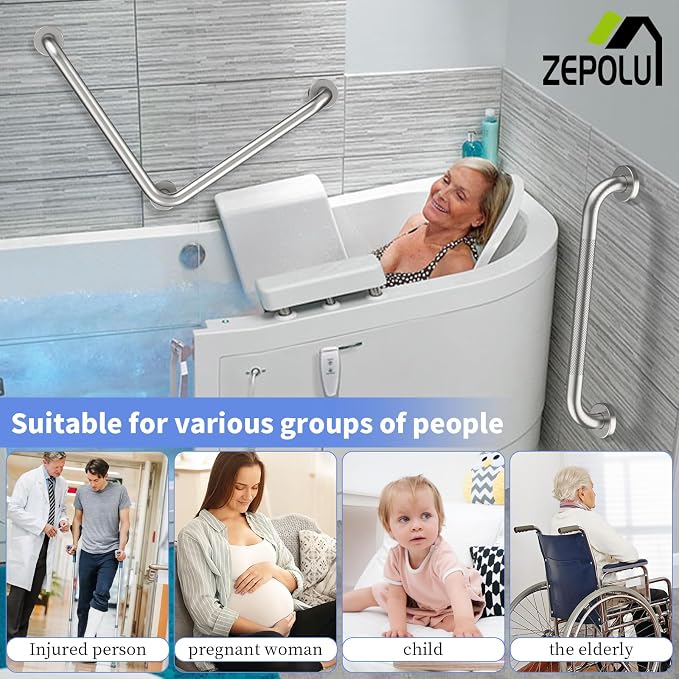 Brushed Nickel Angled Grab Bar 16 Inch, Zepolu Stainless Steel L-Shaped Safety - Image 4