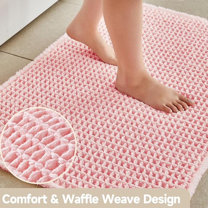 Light Peachy Pink Bathroom Rugs, Waffle Bath Mat Non Slip Washable Quick Dry - Image 3