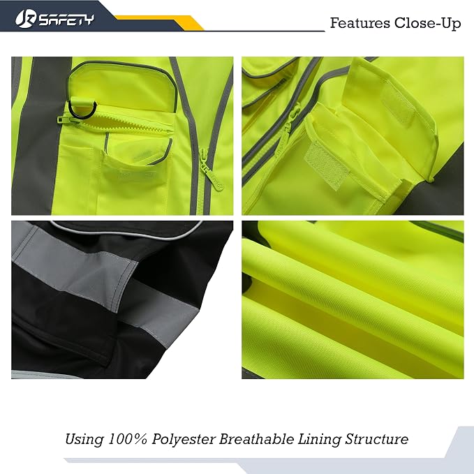 JKSafety 9 Pockets High Visible Reflective Safety Vest Zipper Front Breathable - Image 2