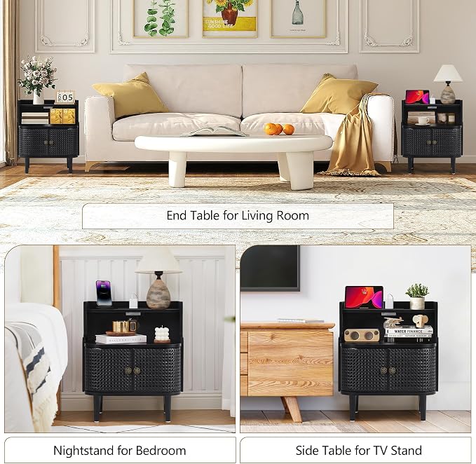 Metal Rattan End Table with Charging Station, Mid Century Modern Nightstand - Image 7