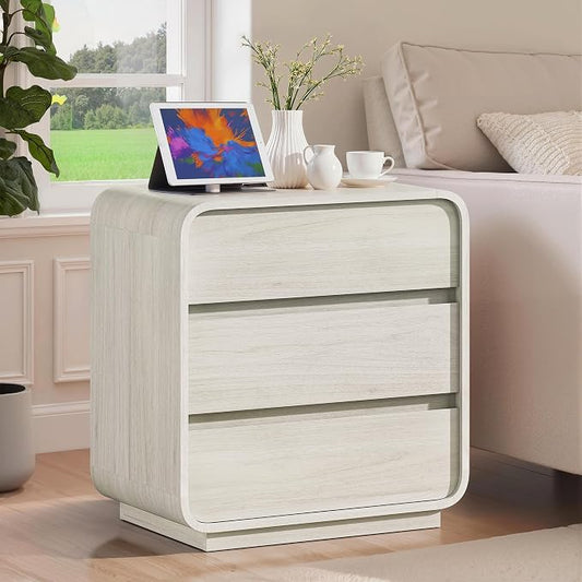 White Nightstand with Charging Station, Modern Curved End Table with 3 Storage by StandifurnoFurniture