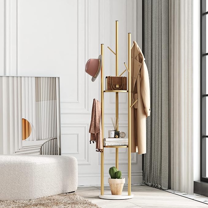 Metal Gold Coat Racks Freestanding, Coat Hanger Stand, Hall Tree Rack - Image 2