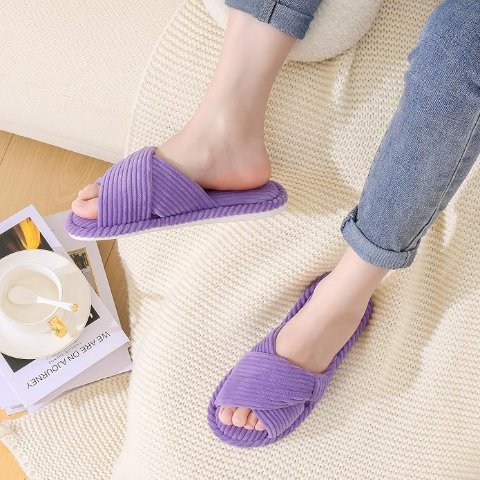 Evshine Fall House Slippers for Women Corduroy Cross Bow Indoor Slippers Open - Image 2