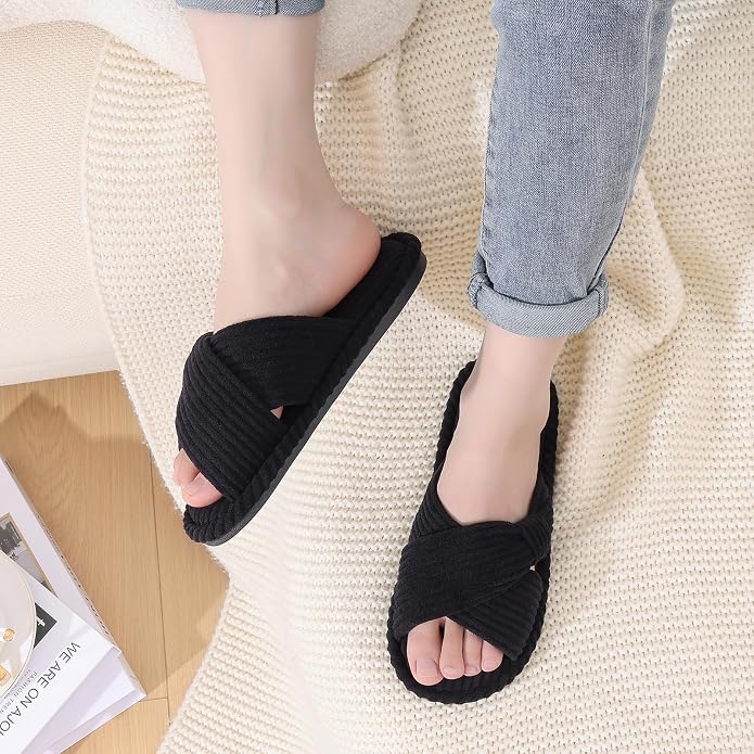 Evshine Fall House Slippers for Women Corduroy Cross Bow Indoor Slippers Open - Image 2