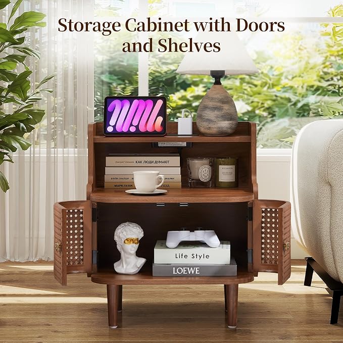 Metal Rattan End Table with Charging Station, Mid Century Modern Nightstand - Image 4
