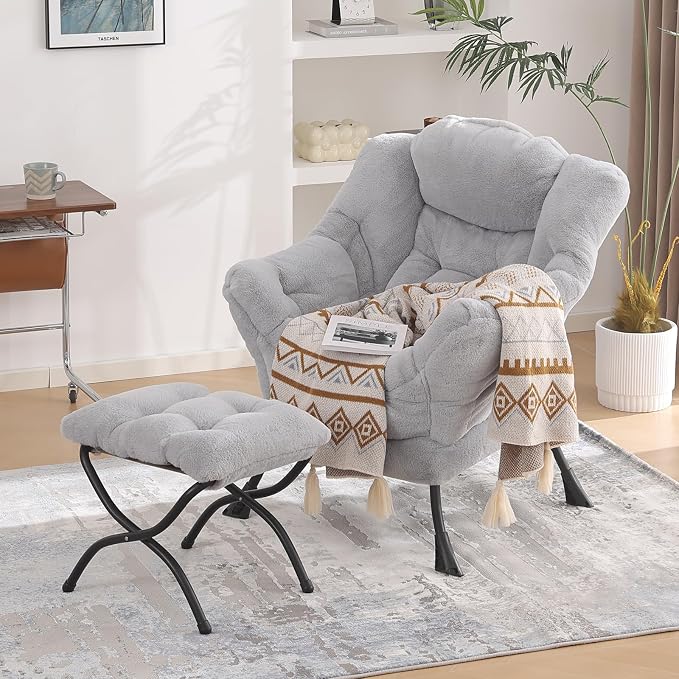 Lazy Chair with Folding Ottoman, Modern Accent Lounge Armchair with Armrests - Image 2