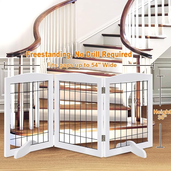 LZRS 3-Panel Freestanding Adjustable Wooden Dog Gate—30" Tall Foldable Pet - Image 2
