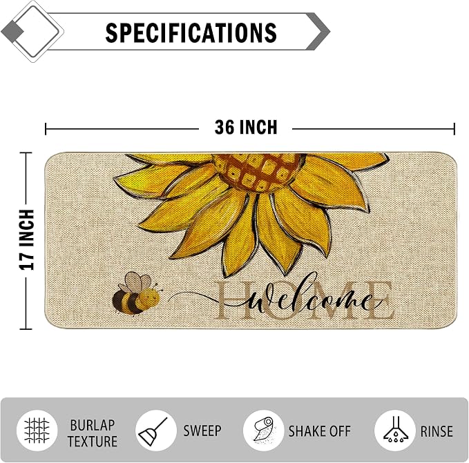 Sunflower Welcome Doormat 17"x36", Non Slip Door Mat Indoor Entrance, Hello - Image 3
