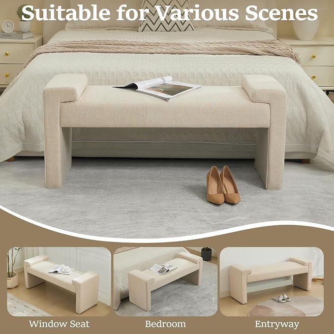 43" Linen End of Bed Bench Upholstered Modern Bedroom Bench - Image 5