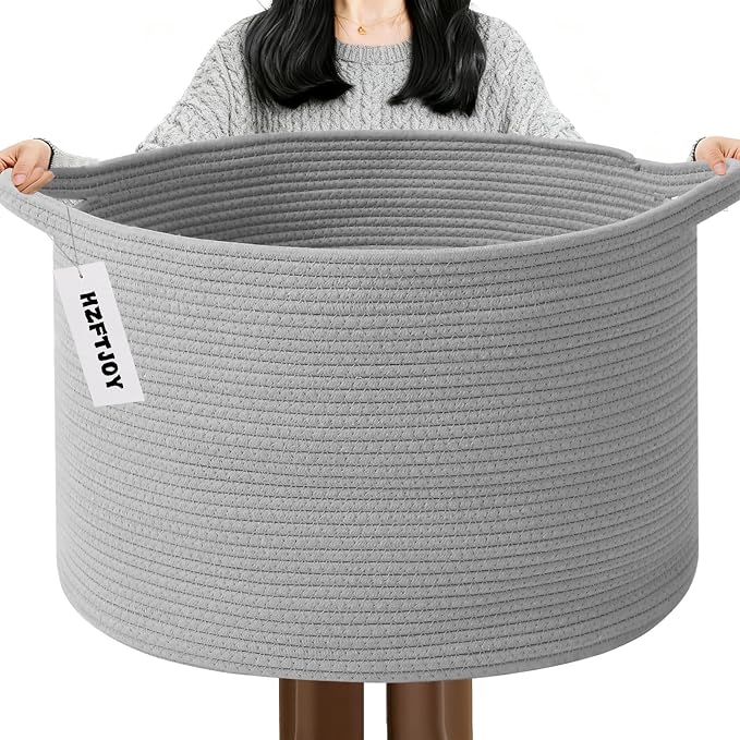 Large Storage Basket with Handle, 19.7" L x 19.7" W x 13" H Blanket Basket by HZFTJOY