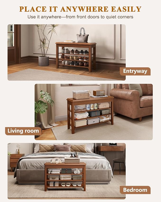 Shoe Rack Bench Seat Rubberwood 3-Tier Wooden Storage Bench 550lbs Compact - Image 8