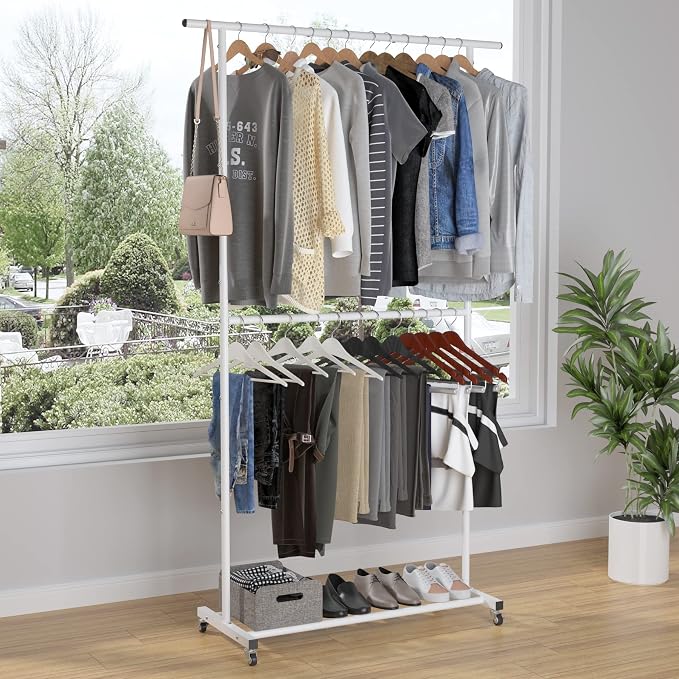 Sywhitta Double Rod Clothing Garment Rack, Rolling Clothes Organizer on Wheels - Image 2