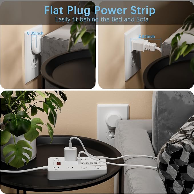 Extension Cord Power Strip Surge Protector 15 Ft, HUNIAN Flat Plug - Image 3
