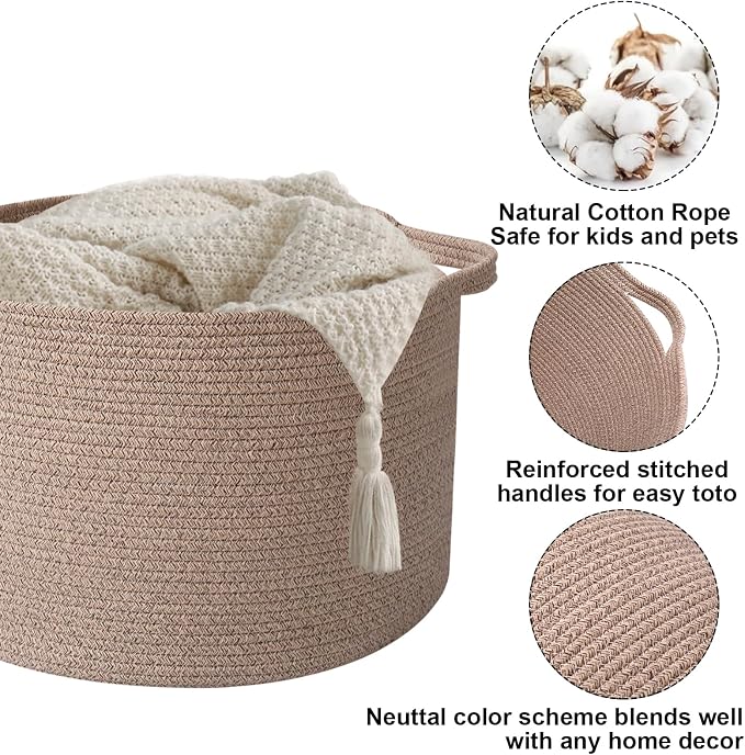 Large Storage Basket with Handle, 19.7" L x 19.7" W x 13" H Blanket Basket - Image 3