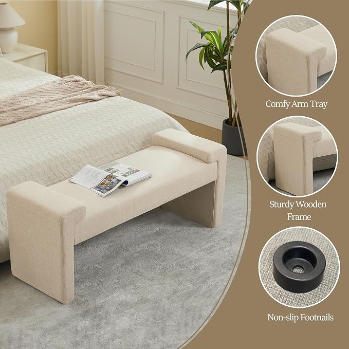 43" Linen End of Bed Bench Upholstered Modern Bedroom Bench - Image 4
