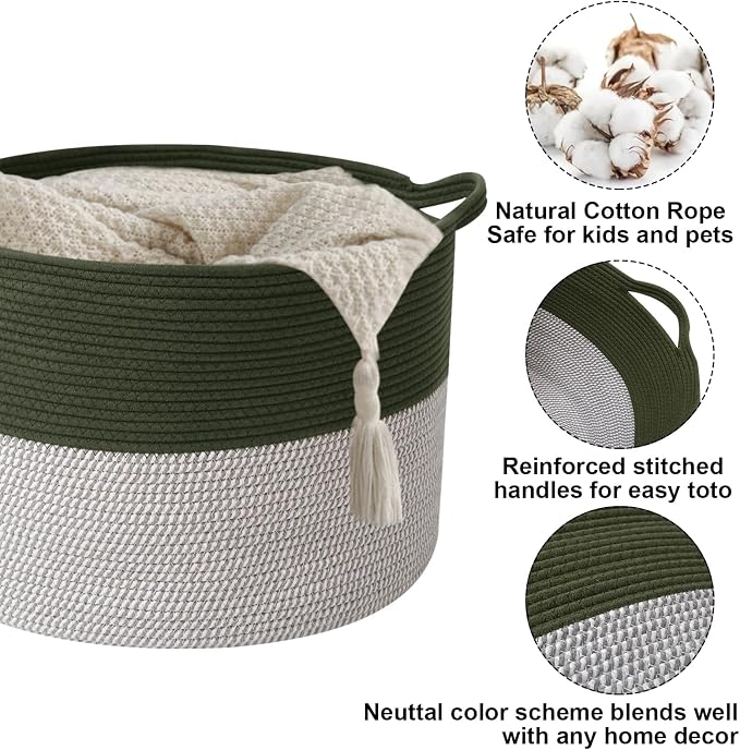 Large Storage Basket with Handle, 19.7" L x 19.7" W x 13" H Blanket Basket - Image 3