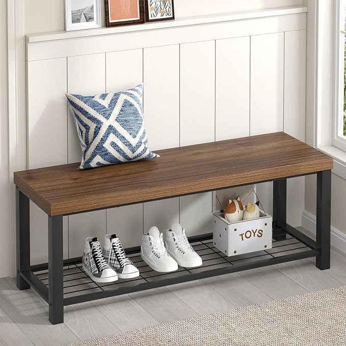 FOLUBAN Shoe Bench, Modern Wood and Metal Storage Bench by FOLUBAN