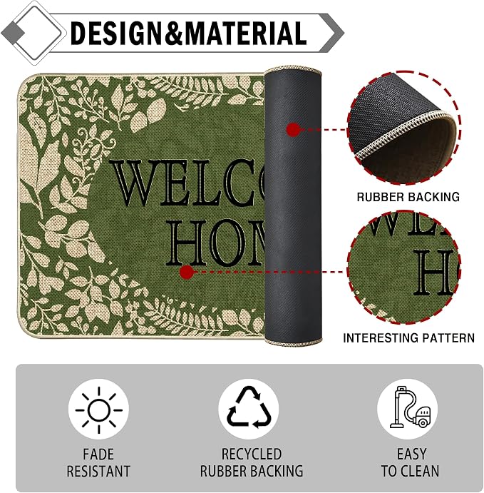 Welcome Spring Door Mat Green Leaves Doormat Indoor Outdoor Entrance Outdoor - Image 6