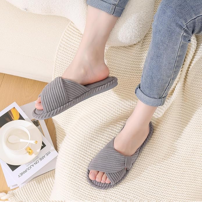 Evshine Fall House Slippers for Women Corduroy Cross Bow Indoor Slippers Open - Image 2