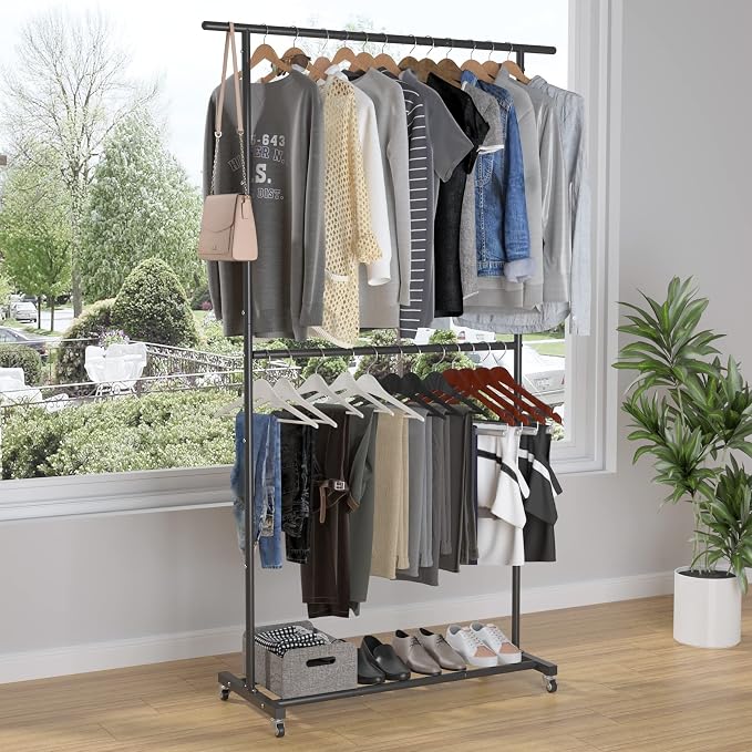 Sywhitta Double Rod Clothing Garment Rack, Rolling Clothes Organizer on Wheels - Image 2