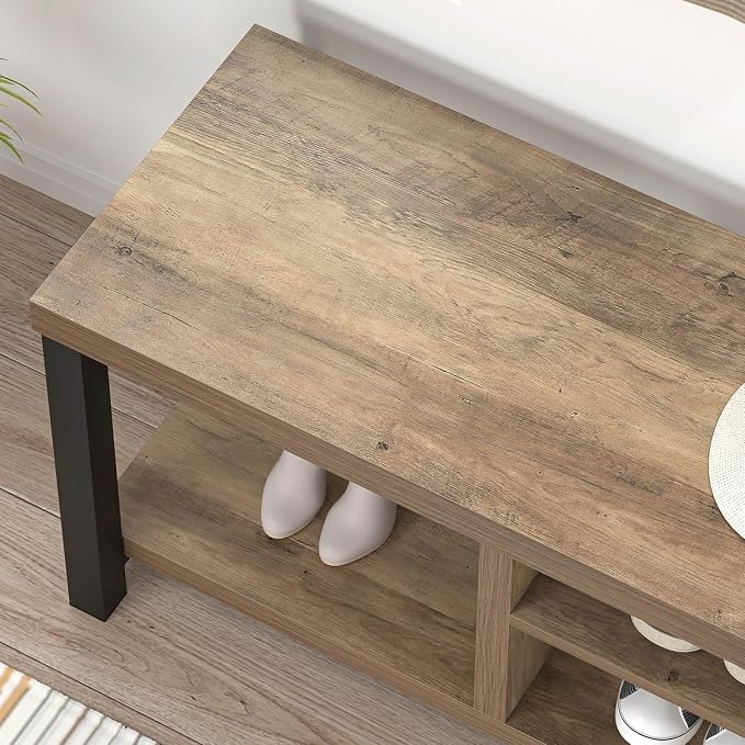 FOLUBAN Shoe Bench for Entryway, Wood and Metal Indoor Bench - Image 4