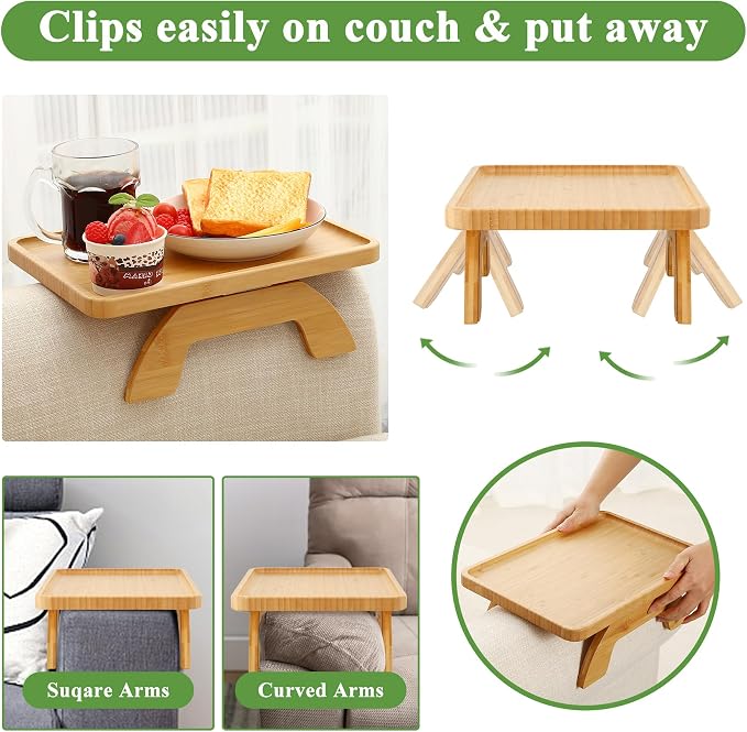 SINWANT Couch Arm Table Tray, Bamboo Sofa Arm Clip on Side Tables, Foldable Arm - Image 3