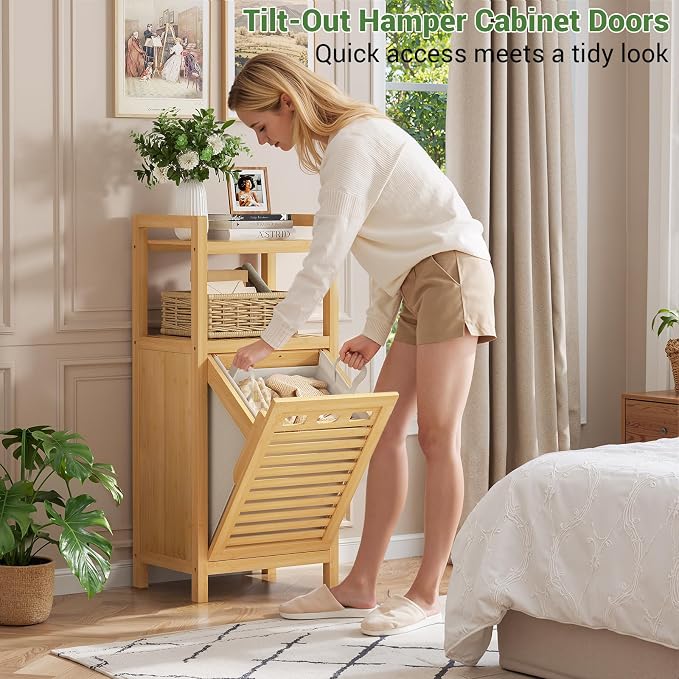 Homykic Tilt Out Laundry Hamper, 10 Gal Bamboo Laundry Storage Cabinet - Field & Grace