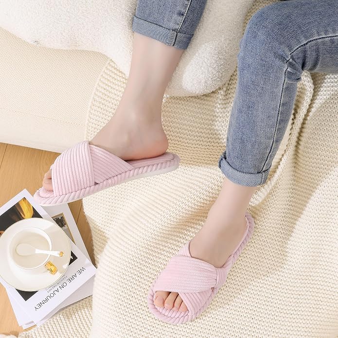 Evshine Fall House Slippers for Women Corduroy Cross Bow Indoor Slippers Open - Image 2