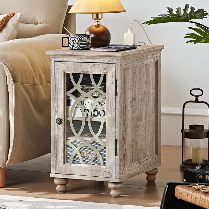 Narrow Side Table with Charging Station Set of 2, Night Stand with Glass Door - Image 6